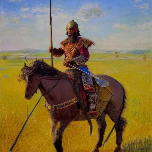 Prompt: detailed and perfect mongolian warrior with his bow, archery, from ancient lands of taran shooting arrows from his horse in the distance, mongolian gobi grass lands landscape, highly detailed, ultrawide lens, impressionism, chiaroscuro, painting by monet, dark background