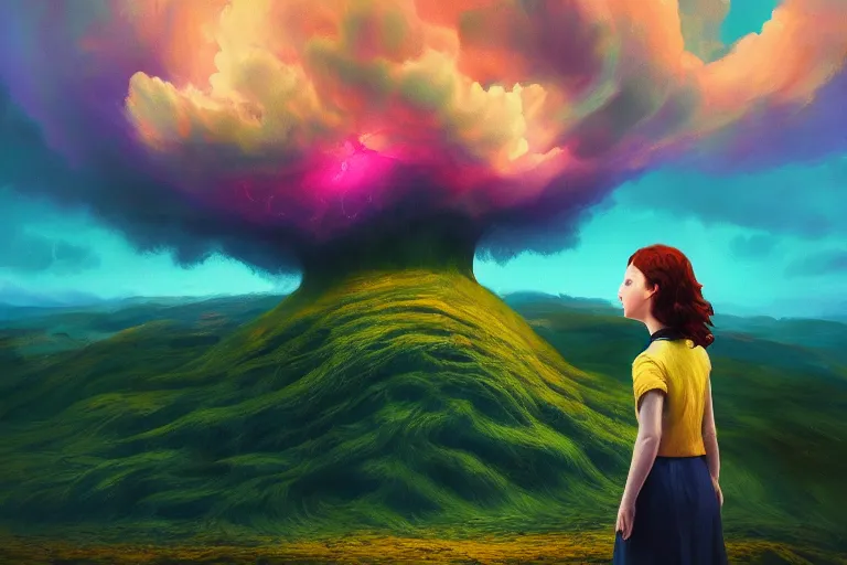 Image similar to closeup giant dahlia flower as head, girl standing on mountain, surreal photography, blue storm clouds, dramatic light, impressionist painting, digital painting, artstation, simon stalenhag