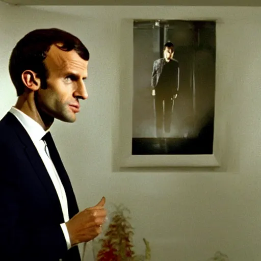 Prompt: Emmanuel Macron doing a hold up in American Psycho (1999)