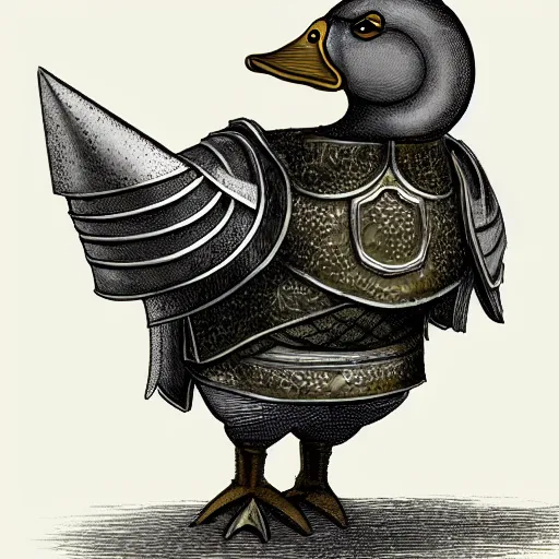 Prompt: armored duck, duck wearing medieval plate armor, illustration, detailed, trending on artstation, fantasy art