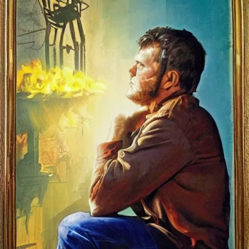 Image similar to poster painted by drew struzan for a movie called 'the man who sat around and failed', the face looks bored