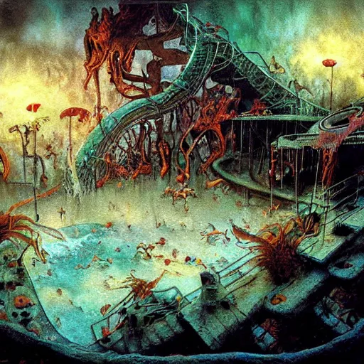 Prompt: waterpark in hell painting by brain froud, charles vess, cinematic lighting, epic composition, highly detailed