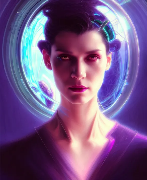 Image similar to a whirlwind of souls rushing inside the metaverse, hologram, half body, neurochip, shaved temple, piercing, jewelry, android, cyborg, cyberpunk face, by loish, d & d, fantasy, intricate, elegant, highly detailed, colorful, digital painting, artstation, concept art, art by artgerm and greg rutkowski and alphonse mucha