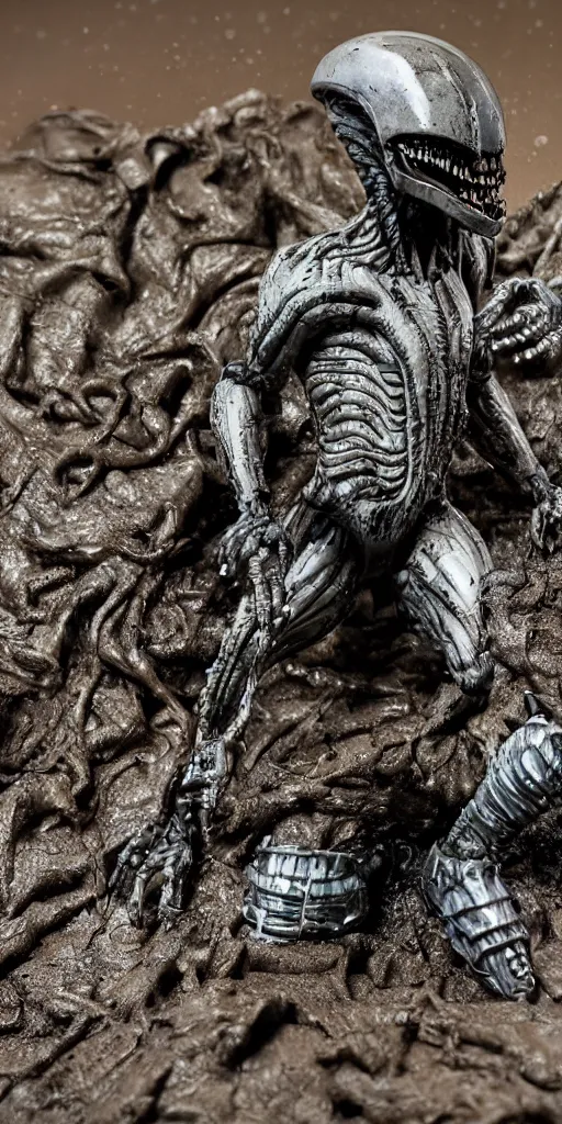 Image similar to bootleg figure of a plastic platinum xenomorph diorama drown in the mud, secondhand, mcfarlane, cursed photography, middle shot