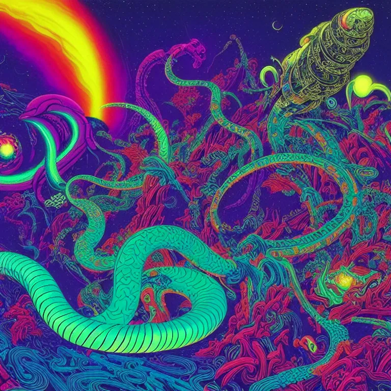 Prompt: cosmic serpent, infinite fractal worlds, bright neon colors, highly detailed, cinematic, eyvind earle, tim white, philippe druillet, roger dean, lisa frank, aubrey beardsley, hiroo isono