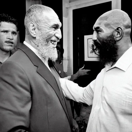 Image similar to cinematic shot of mike tyson and fidel castro shaking hands in a cuban resort, 8 k, very detailed, very intricate, detailed faces,