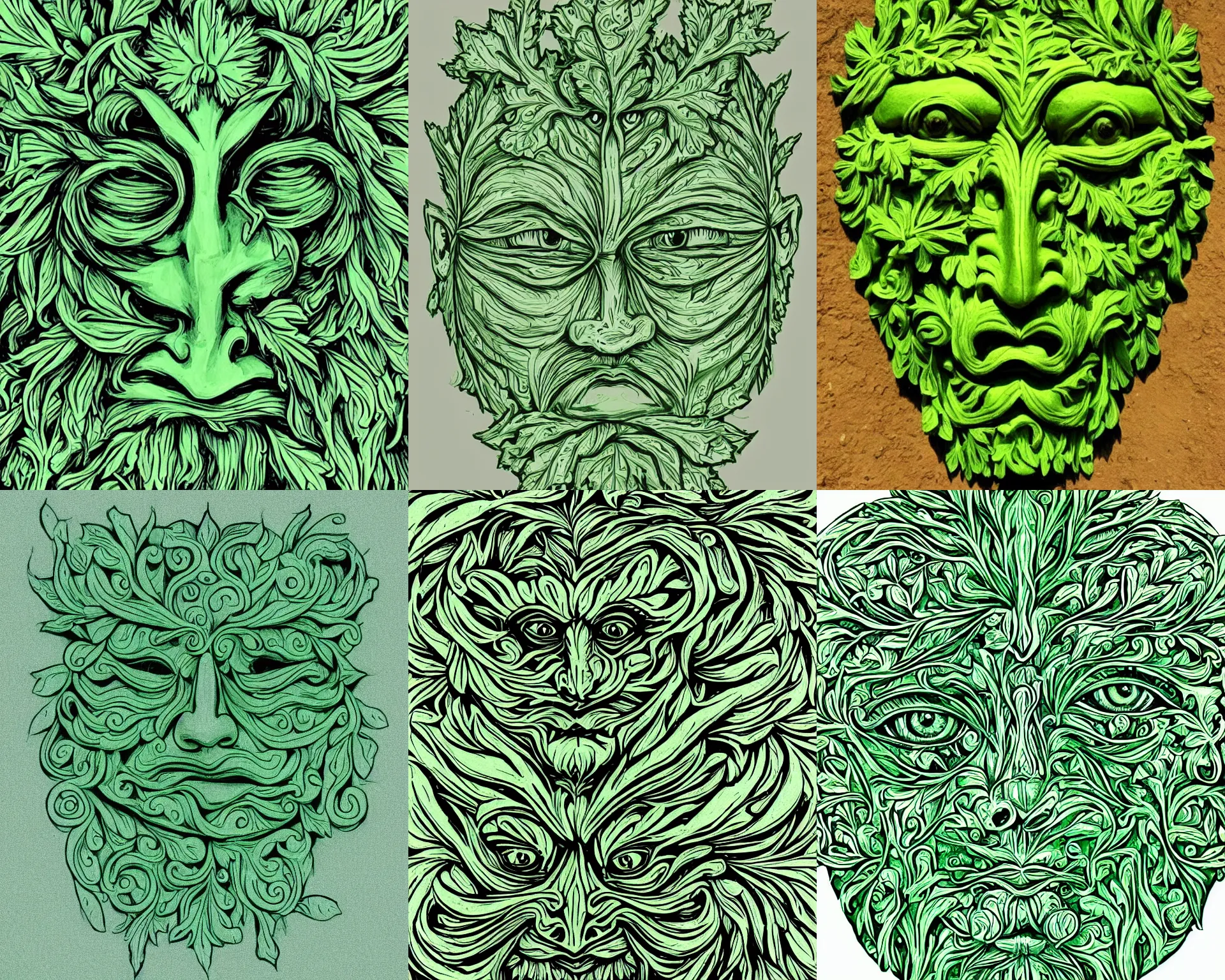 Prompt: a green man face design, highly detailed, horizontally symmetrical