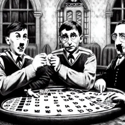 Image similar to harry potter and adolf hitler playing poker in hogwarts