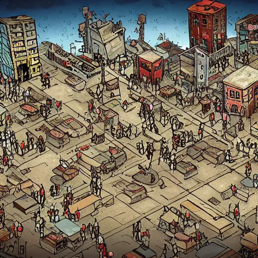 Image similar to where's waldo in a post apocalyptic city