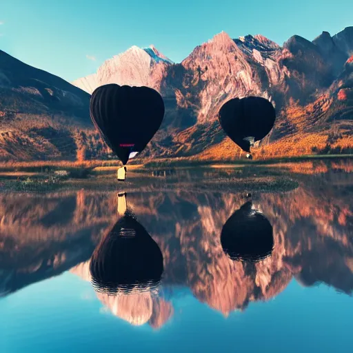 Image similar to photo of two black swans touching heads in a beautiful reflective mountain lake, a colorful hot air balloon is flying above the swans, hot air balloon, intricate, 8k highly professionally detailed, HDR, CGsociety