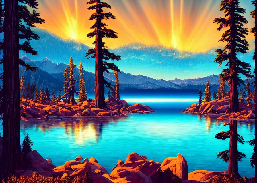 Prompt: a retrowave style artwork of lake tahoe national park, a land of the dead, divine, hazy, volumetric lighting, spacetime bending, very detailed, serene, gold accents, washed out colors, beautiful artwork, master level composition, raytracing