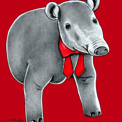 Prompt: A tapir wearing a red tie and a flat cap.