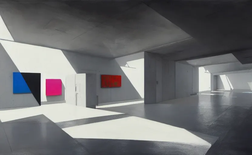 Image similar to painting of interior shot of a white concerete brutalist contemporary art museum with abstract colourful paintings hanging on the wall by darek zabrocki and greg ruthkowski, cinematic and cold atmospheric, archillect concept art, artstation, trending on artstation