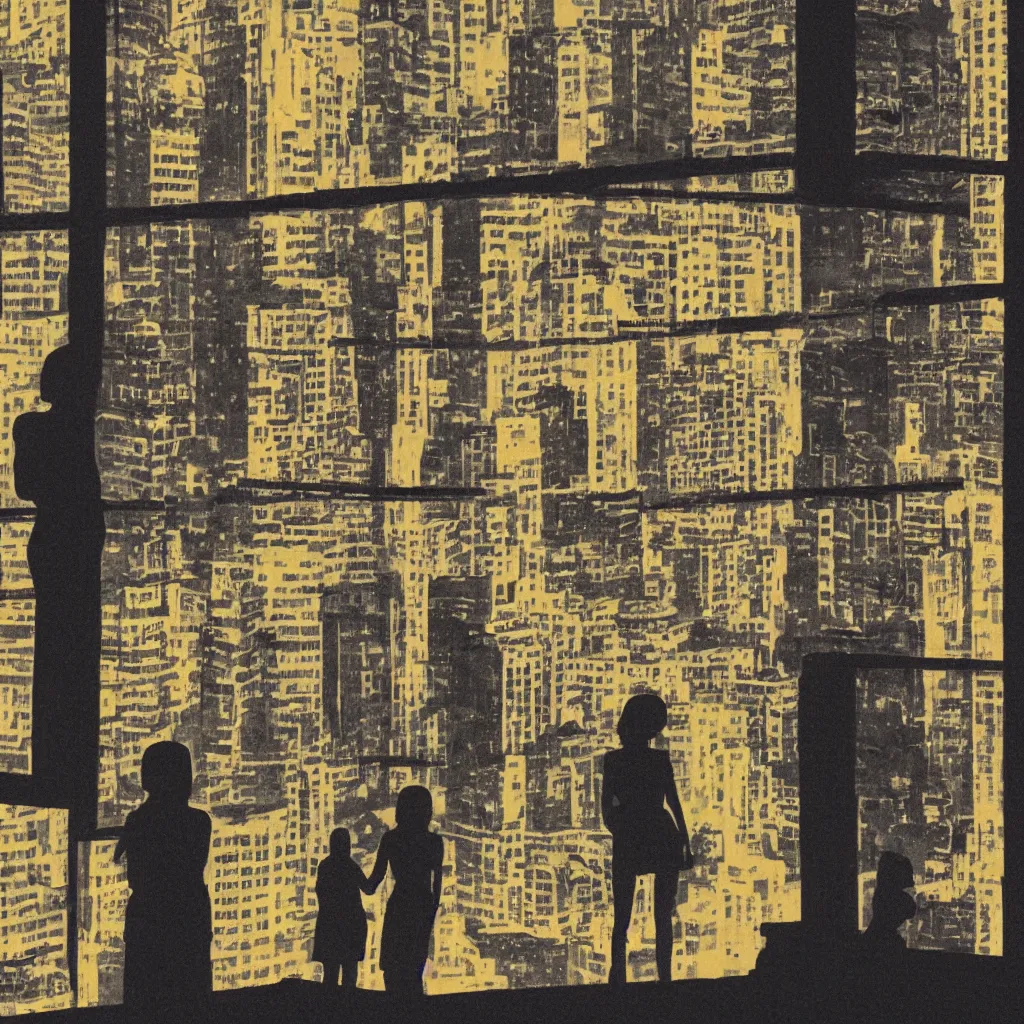 Image similar to View from window on megapolis, silhouette of women who watches to the window, pulp fiction