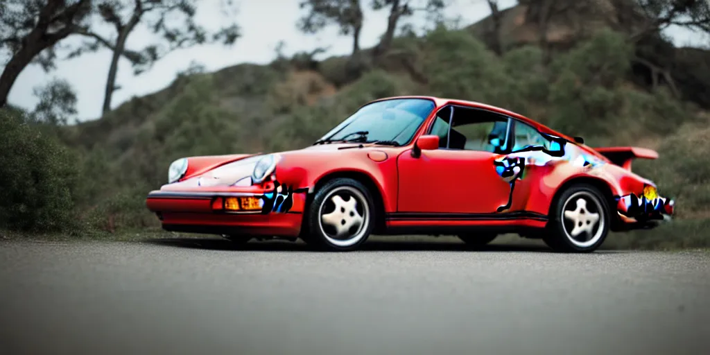 Image similar to photograph, debadged, 1989 PORSCHE 911, RUF, by Pete Biro, press release, cinematic, malibu canyon, 8k, depth of field, bokeh. debadged ,