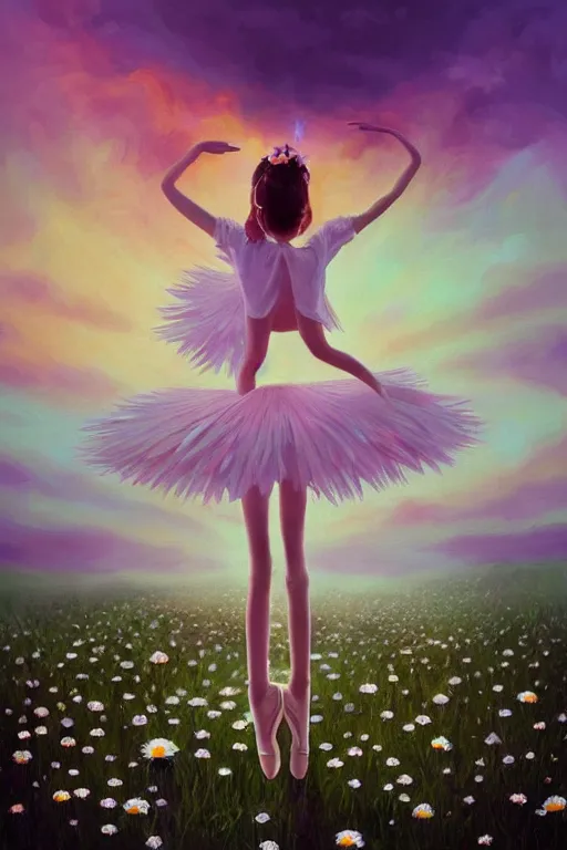 Image similar to giant white daisy flower as head, girl ballet dancing in a flower field, surreal photography, sunrise, dramatic light, impressionist painting, colorful clouds, digital painting, artstation, simon stalenhag