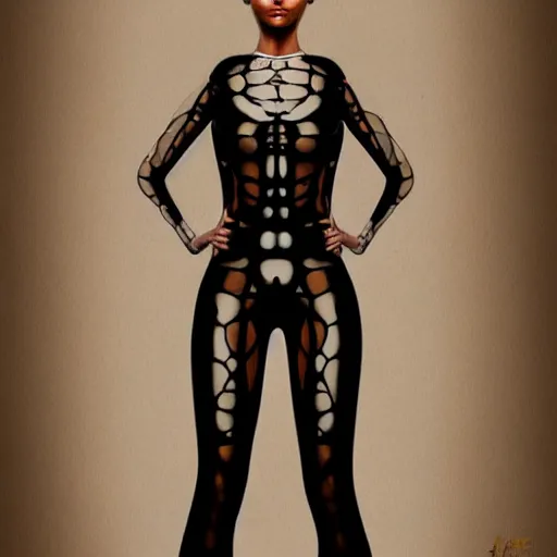 Image similar to full body portrait of a beautiful woman with a perfect face and body wearing a transparent plastic skin tight jumpsuit with circular cutouts, highly detailed, digital painting, artstation, cgscoiety, cinematic, intricate, smooth, sharp focus, illustration, Unreal Engine 5, concept art, 8K, art by Westworld and Esao Andrews.