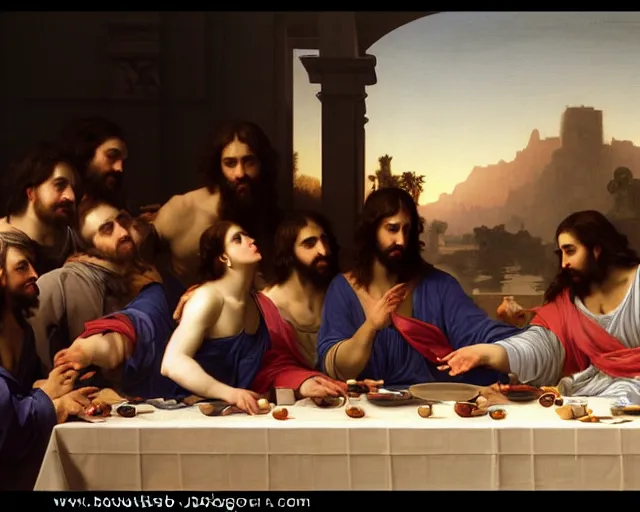 Image similar to beautiful glorious realistic oil painting of the last supper, baroque style by bouguereau, sunset, highly detailed and photorealistic, 8 k hdr intricate