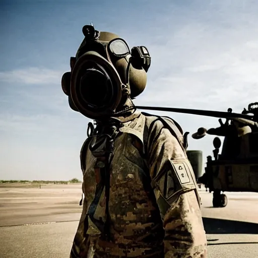 Prompt: american officer in gas mask and cap stands near a military attack helicopter, intricate, defined, grim environment, artwork