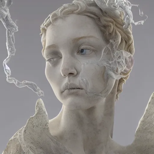 Prompt: realistic digital painting of a stunning intricate cracked white marble falling angel bernini sculpture, trailing white vapor, mycelium stands and misty xparticles neutral tone background, trending on artstation, hyperrealism, matte painting, subsurface scattering n 9