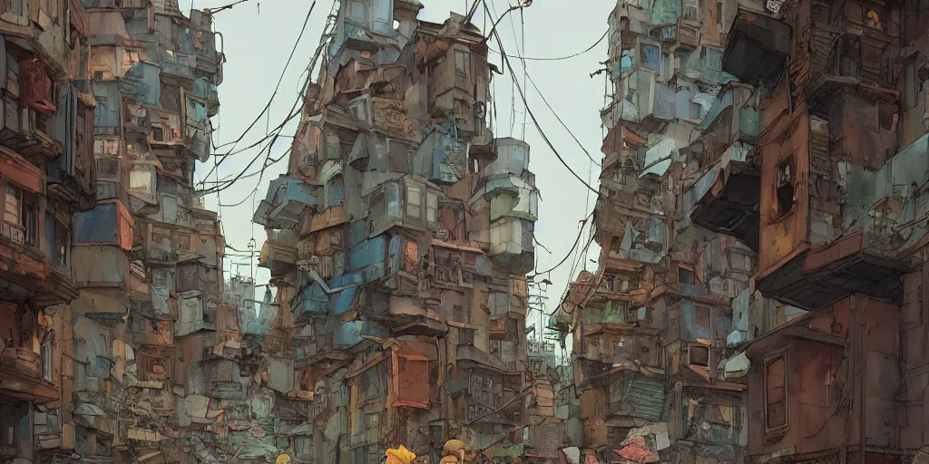 Prompt: a film still from Tekkonkinkreet by Ian McQue , apartment view of alley of dusty favela city street, intimate, bits of broken light, vibrant, 50mm lens, video game character and environment design, 2d game lineart behance hd, studio, dramatic lighting, cinematic, global illumination, trending on Artstation, bloom