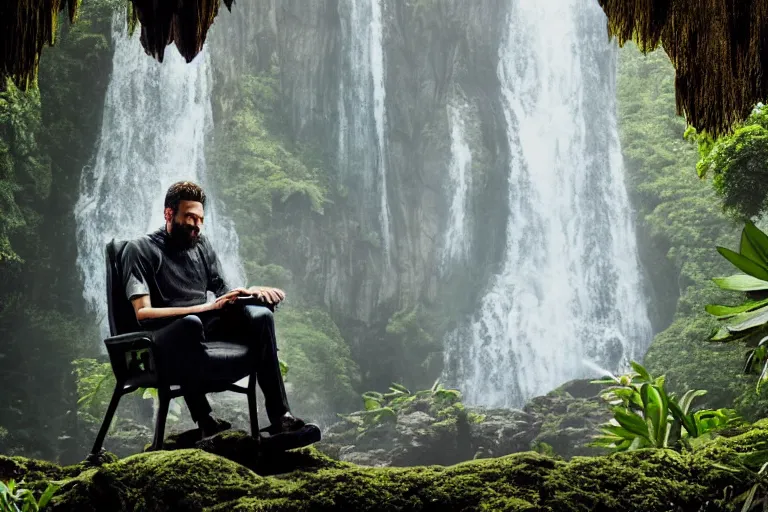 Image similar to movie closeup young man with a grey beard in a cyberpunk suit sitting on a futuristic chair at the edge of a jungle waterfall by emmanuel lubezki