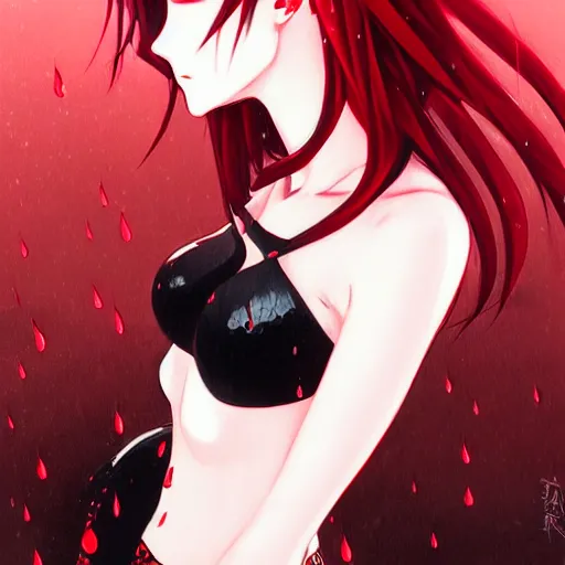 Image similar to beautiful seductive female dullahan, in the rain, highly detailed, painting, dark red and black color palette, intricate, high quality anime artstyle, in the style of ilya kuvshinov