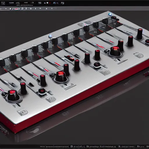 Image similar to sp - 4 0 4 audio mixer made of chrome with crimson - black anodized - metal highlights, rendered in blender, 8 k, award winning product advertising still