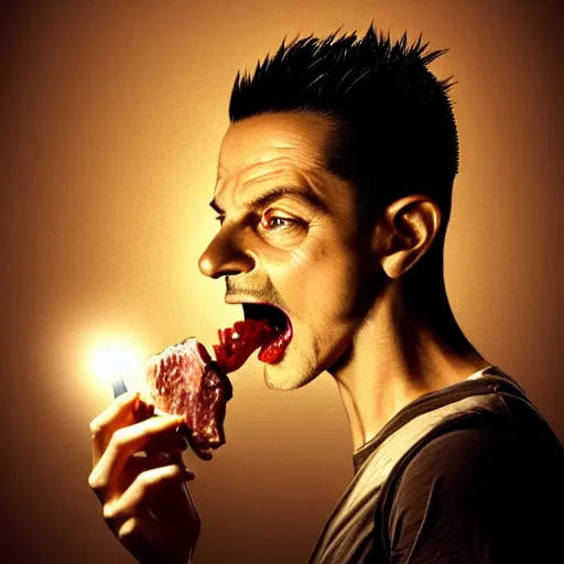 Image similar to portrait of a young and youthful dave gahan as a zombie eating some meat and under a spotlight, 7 days to die zombie, fine art, award winning, intricate, elegant, sharp focus, cinematic lighting, highly detailed, digital painting, 8 k concept art, art by guweiz and z. w. gu, masterpiece, trending on artstation, 8 k