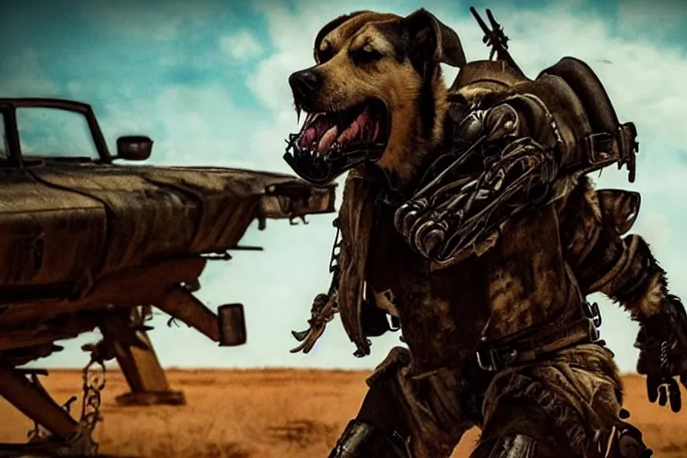 Image similar to a good ol'hound dog fursona ( from the furry fandom ), heavily armed and armored facing down armageddon in a dark and gritty version from the makers of mad max : fury road. witness me.