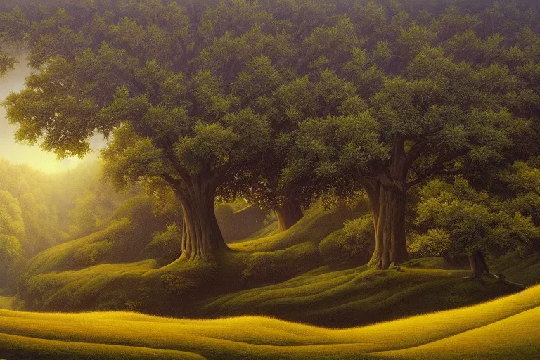 Prompt: masterpiece painting of oak trees on a hillside overlooking a creek, dramatic lighting, by vladimir kush