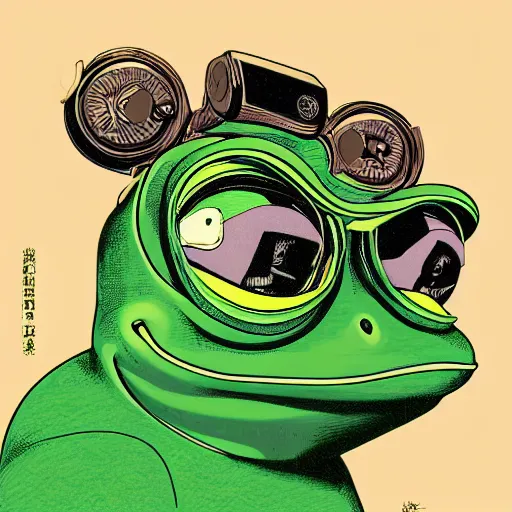 Prompt: portrait of pepe the frog wearing vr headset, symmetrical, by yoichi hatakenaka, masamune shirow, josan gonzales and dan mumford, ayami kojima, takato yamamoto, barclay shaw, karol bak, yukito kishiro