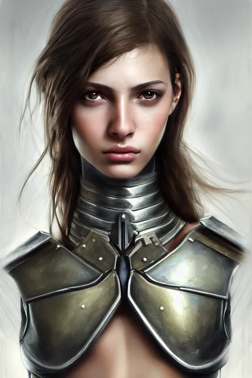 Image similar to a photorealistic painted portrait of an attractive young girl, partially clothed in dull metal-plated battle armor, olive skin, long dark hair, beautiful bone structure, symmetric facial features, perfect eyes, natural physique, intricate, elegant, digital painting, concept art, finely detailed, beautifully illustrated, sharp focus, minimal artifacts, photographic appearance, from Metal Gear, by Ruan Jia and Mandy Jurgens and Artgerm and William-Adolphe Bouguerea, in the style of Greg Rutkowski, trending on Artstation, award winning