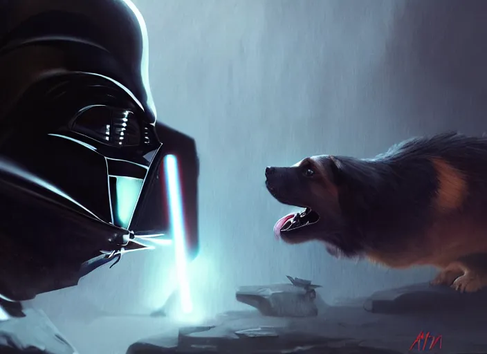 Image similar to a Photorealistic dramatic hyperrealistic render of darth vader facing off against a cute corgi, futuristic star wars vibe, by WLOP and Artgerm and Greg Rutkowski and Alphonse Mucha, Beautiful dynamic dramatic dark moody lighting, shadows, cinematic atmosphere, Artstation, concept design art, Octane render, 8K, masterpiece, sharp focus