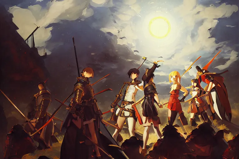 Image similar to baroque oil painting of anime key visual concept art of anime girl medieval revolutionaries, armored knights, dark fantasy, rule of thirds, cinematic lighting, fake hidden detail, trending on pixiv fanbox, acrylic palette knife and brush, style of makoto shinkai studio ghibli genshin impact jamie wyeth james gilleard greg rutkowski