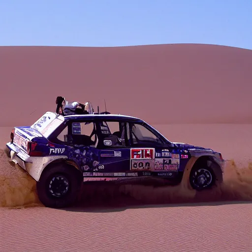 Image similar to grey Honda Civic 2001 jumping over dune desert in the 2003 Dakar rally. Many spectators watch. Honda civic with rusted panels old Cannon Photo 45mm wide angle full view un cropped. 720p photo by Jesse Alexander.