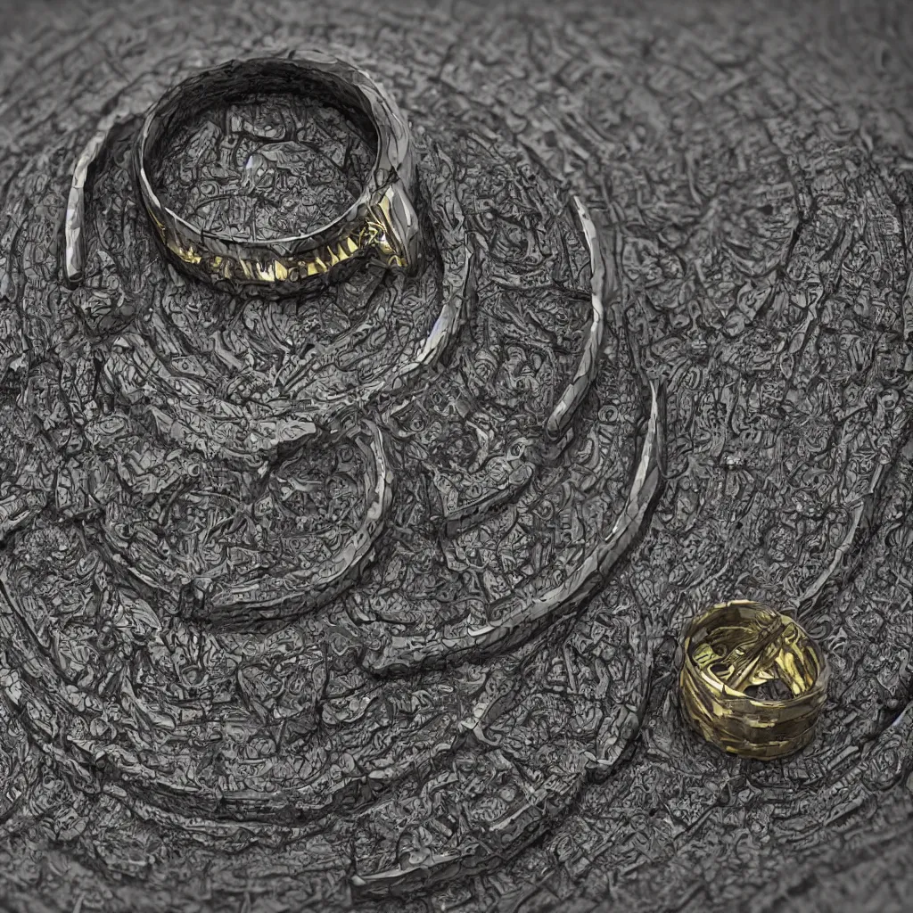 Image similar to the ring from lord if the rings with an imprinted ruler, cm scale imprinted on the inside of the ring, one ring to rule them all, highly detailed, 8 k, trending on artstation, mystic, rpg artwork