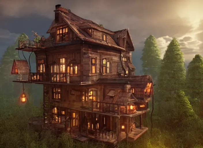 Prompt: cosy happy house floating in the sky with forest, clouds, steampunk, science fiction, magical fantasy, hyperealism unreal engine blender 3 d video game, masterpiece