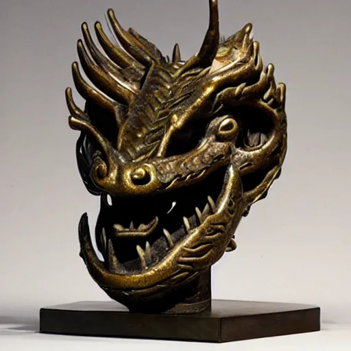 Prompt: dragon's head sculpture cast bronze museum catalog photograph