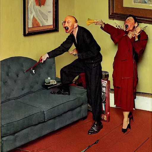 Prompt: a thin man screams at a telephone beside a sofa in a dark living room, painted by norman rockwell and tom lovell and frank schoonover