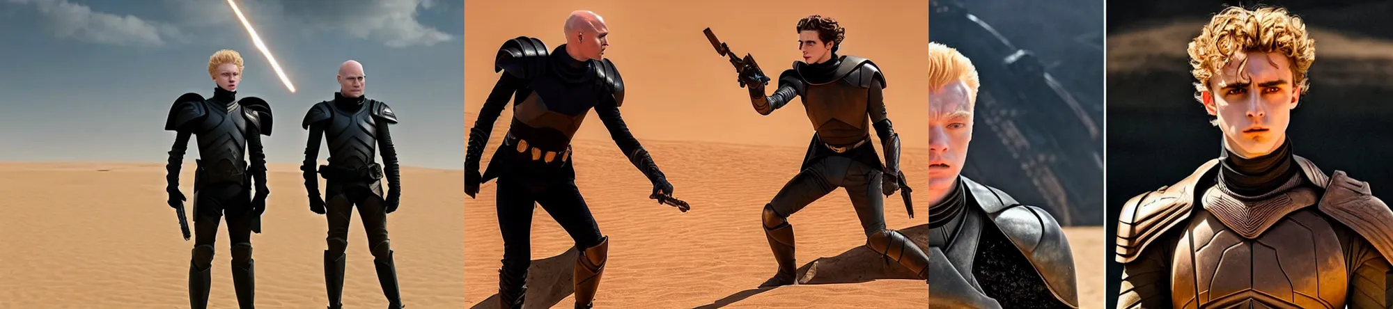 Prompt: a duel between bald_ominous_brooding_Austin_Butler_as_Feyd-Rautha_Harkonnen against Timothee_Chalamet_as_Paul_Atreides, in an arena in movie Dune-2021, golden ratio, clear gaze, detailed eyes