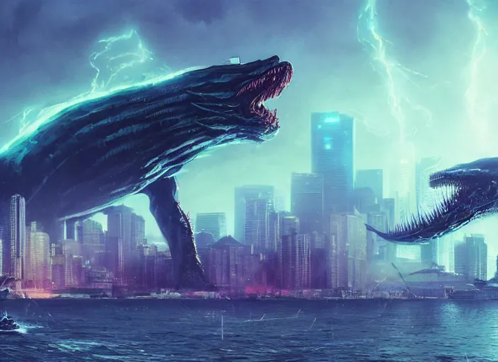 Prompt: seattle being attacked by a sea monster, by beeple and maciej kuciara and greg rutkowski
