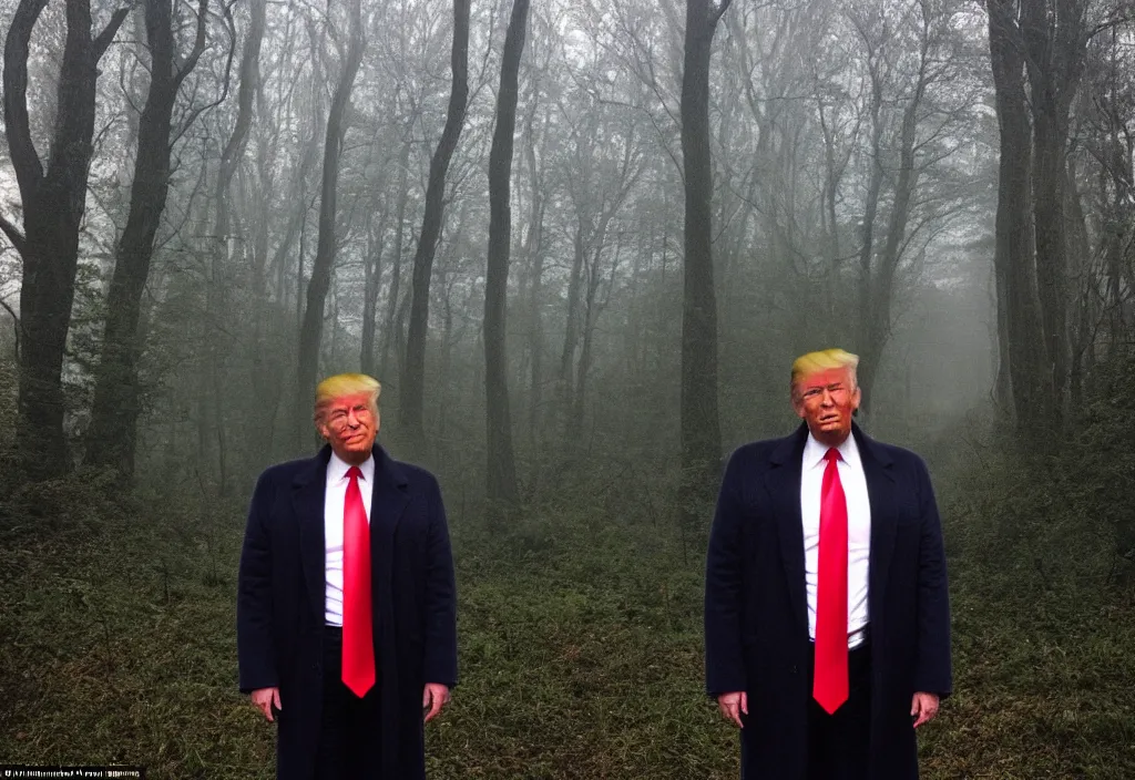 Image similar to low quality iphone photo of donald trump standing ominously deep in the foggy woods with a demonic smile in his face, low visibility creepy