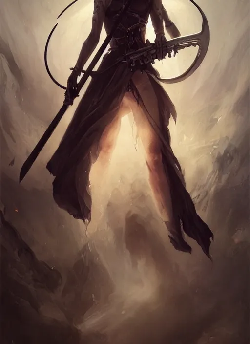 Image similar to a portrait of a beautiful angel of death holding a large scythe by marco bucci and greg rutkowski, sharp focus, detailed, cinematic, closeup