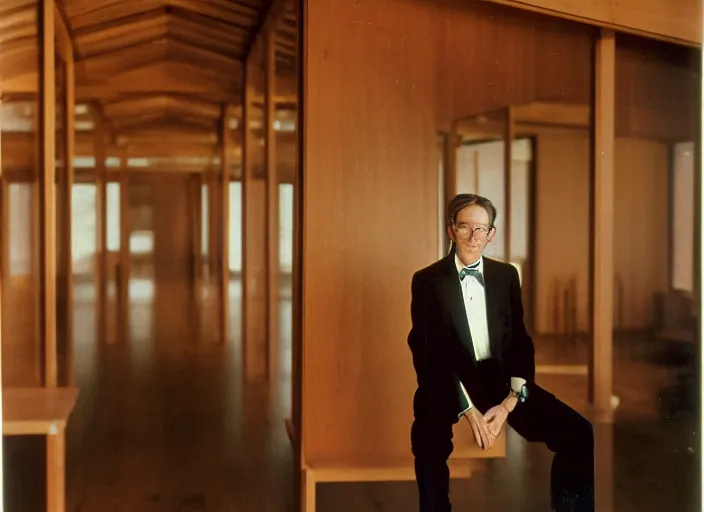 Image similar to realistic photo portrait of the person, brown mustard shirt, formal suit, black tie,, wooden polished and fancy expensive wooden laboratory hall interior 1 9 9 0, life magazine reportage photo