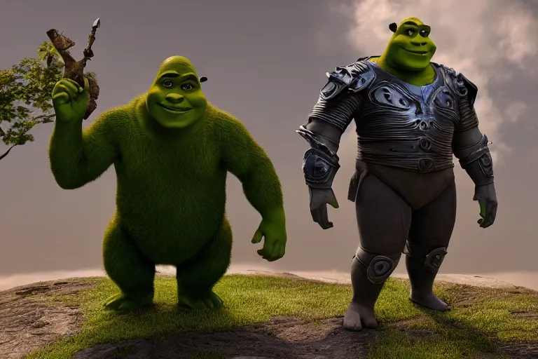 Image similar to Shrek wearing futuristic armor, with a bird on top of his head.. ultra-detailed, 8k, octane render