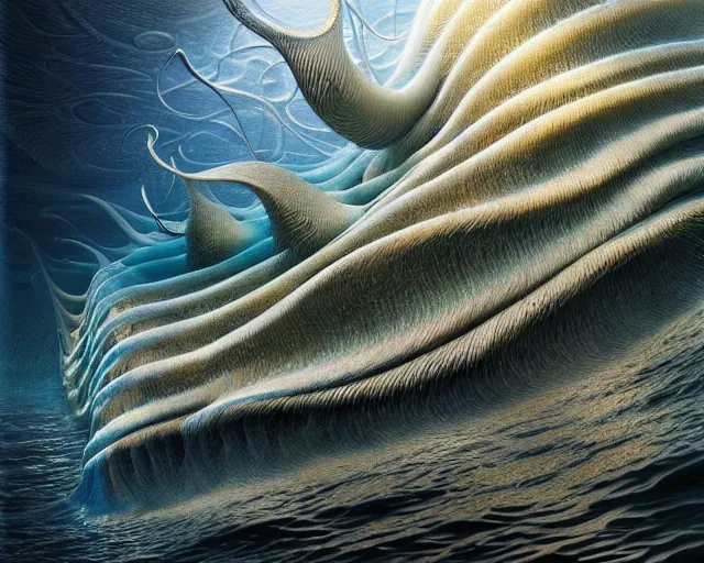 Image similar to a hyper - detailed 3 d render of animals of the aquatic ecosystem made of cresting waves, surrealism!!!!! surreal concept art, lifelike, photorealistic, digital painting, aesthetic, smooth, sharp focus, artstation hd, by greg rutkowski, klimt and nixeu and ian sprigger and wlop and krenz cushart,