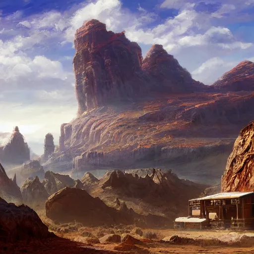 Image similar to a matte painting of the sci - fi wild west, oil painting, pale colors, high detail, 8 k, wide angle, trending on artstation,