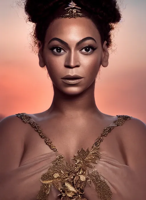 Image similar to photographic portrait of a stunningly beautiful renaissance beyonce with soft makeup in soft dreamy light at sunset, royal themed, contemporary fashion shoot, by edward robert hughes, annie leibovitz and steve mccurry, david lazar, jimmy nelsson, breathtaking, 8 k resolution, extremely detailed, beautiful, establishing shot, artistic, hyperrealistic, beautiful face, octane render