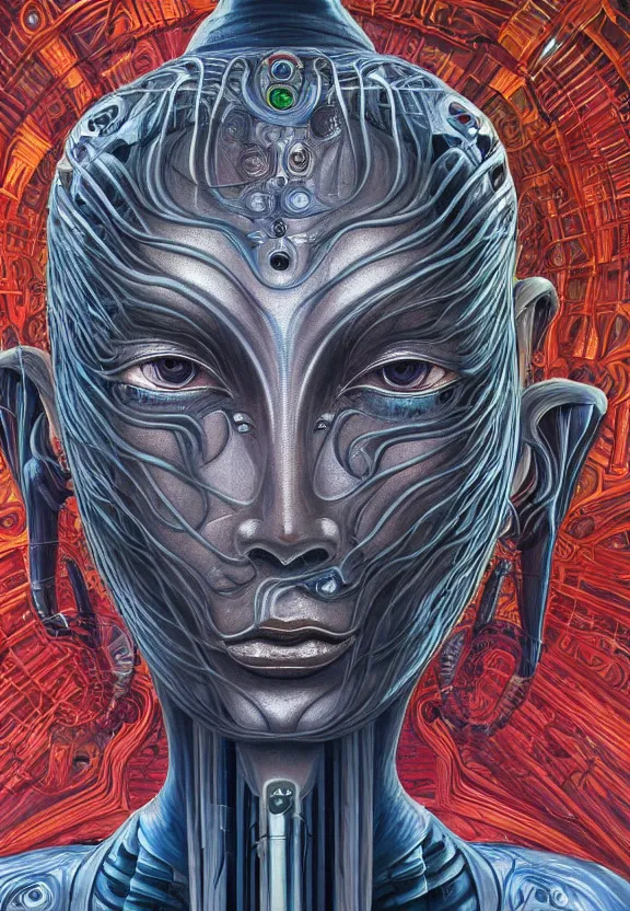 Image similar to perfectly centered portrait, front view of a beautiful biomechanical cyberpunk alien android robot buddha, female, flowing hair, intense stare, sarcastic smile, symmetrical, concept art, intricate detail, volumetric shadows and lighting, realistic oil painting by alex grey and h. r giger,